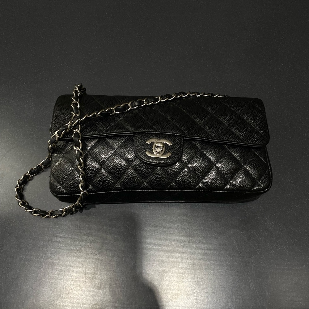 CHANEL east west flap bag
with silver hardware